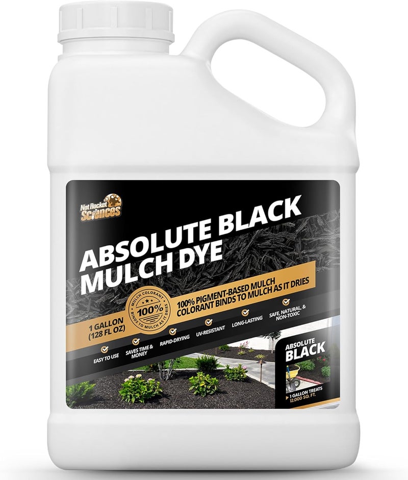 Not Rocket Sciences 1 Gallon Absolute Black Mulch Dye - Covers up to 10,000 sq. ft., Liquid Mulch Dye Black, Premium Color, Ideal for Landscaping, Renews Faded Rubber or Wood Chips, Binds as it Dries - Image 1